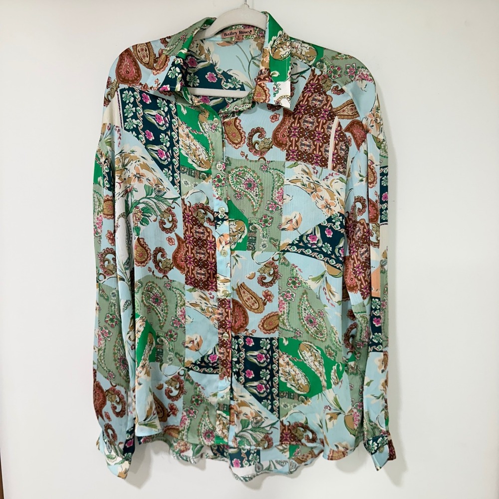 Bailey Rose Patchwork Paisley Floral Button Up Shirt Long Sleeve Women M